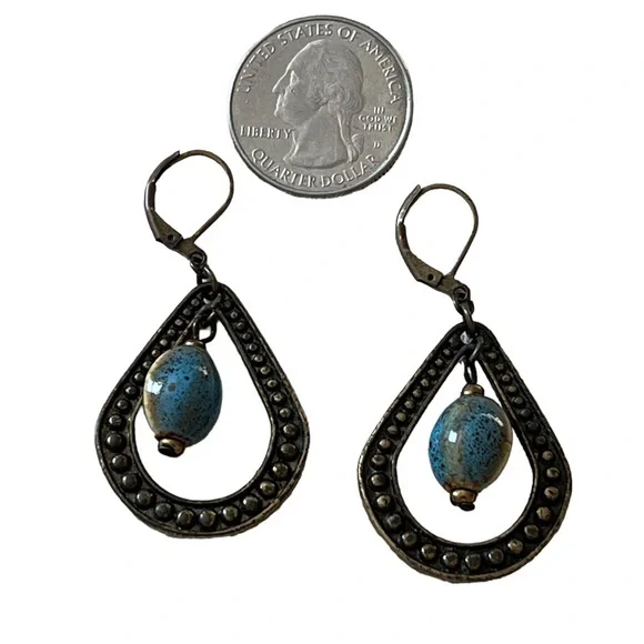 Premier Designs Brass Tone Blue Drop Bead Loop Earrings - Picture 5 of 5